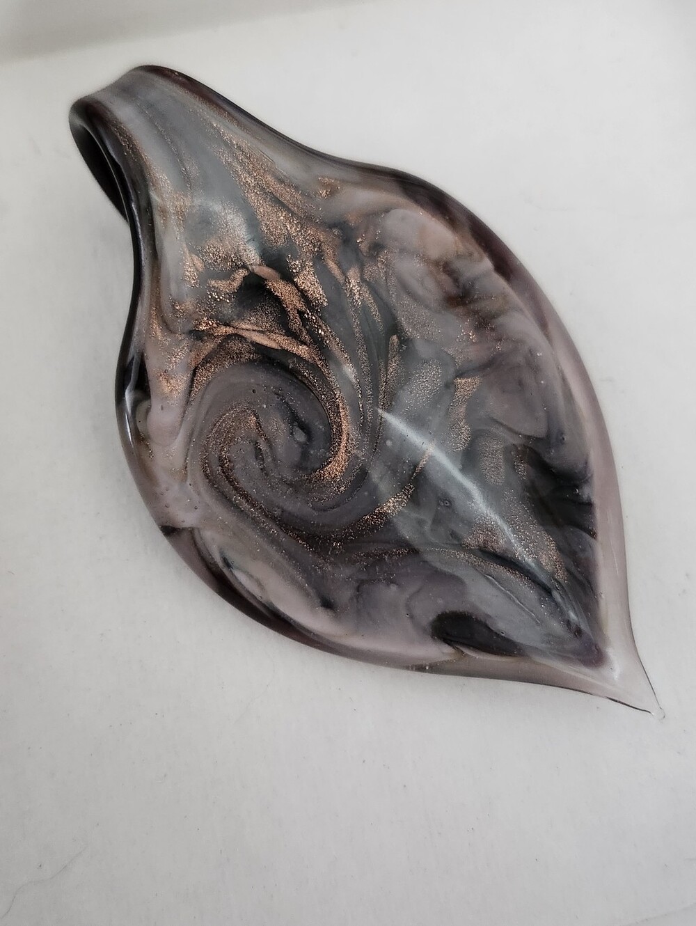 Artisan Swirl Glass Leaf Pendant in Black and Rose Gold